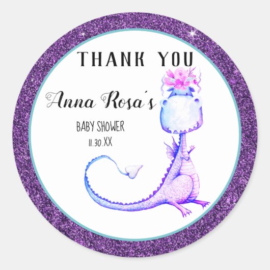 *~* Paarse Dragon Baby Girl Shower Dank u Ronde Sticker (Voorkant)