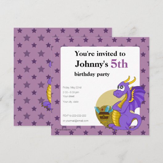 Paarse dragon cartoon verjaardagsuitnodigingen kaart (Voorkant / Achterkant)