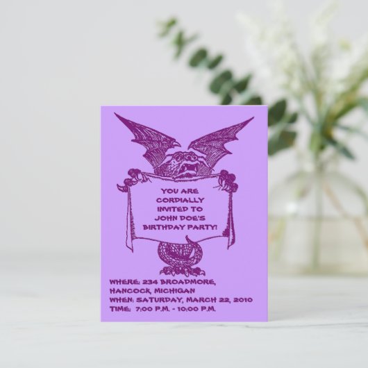 PAARSE DRAGON HOLDING PARTIJ INVITATIE-AANGEPAST KAART (Staand voorkant)