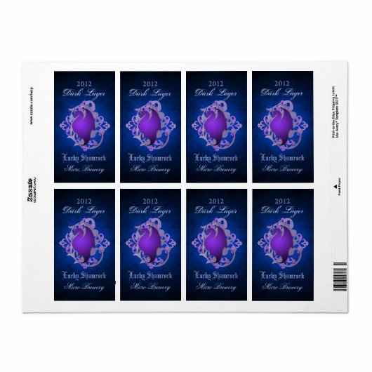 Paarse Dragon Scroll Blauw Bierlabel Etiket (Full Sheet)