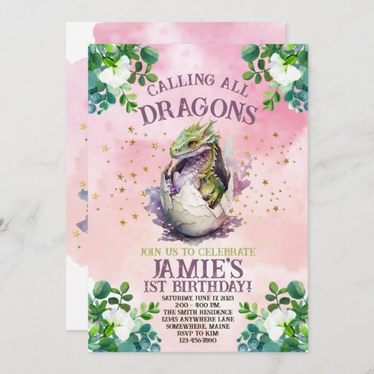 Paarse Dragon verjaardagsuitnodigingen Kaart (Voorkant / Achterkant)