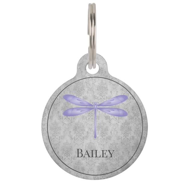 Paarse Dragonfly Damask Ronde Pet Tag Huisdierpenning (Voorkant)