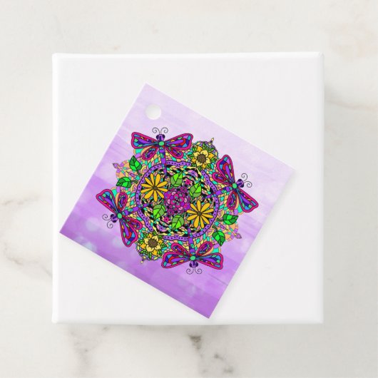 Paarse Dragonfly en Flowers Mandala Hand Drawn Bedankjes Labels (In situ)