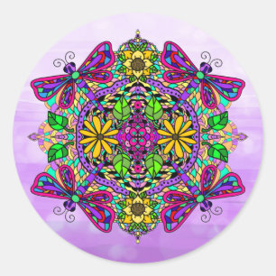 Paarse Dragonfly en Flowers Mandala Hand Drawn Ronde Sticker