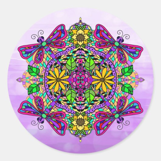 Paarse Dragonfly en Flowers Mandala Hand Drawn Ronde Sticker (Voorkant)
