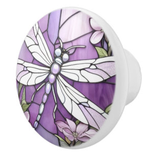 Paarse Dragonfly Glas in lood Flower Keramische Knop