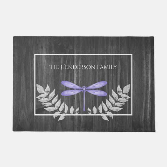 Paarse Dragonfly Rustic Personalized Doormat Deurmat (Voorkant)