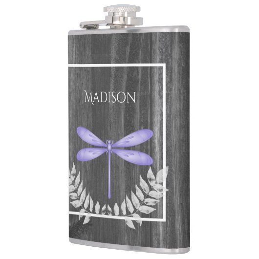 Paarse dragonfly Rustische kolf Heupfles (Links)