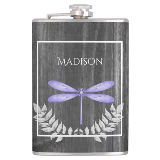 Paarse dragonfly Rustische kolf Heupfles (Voorkant)