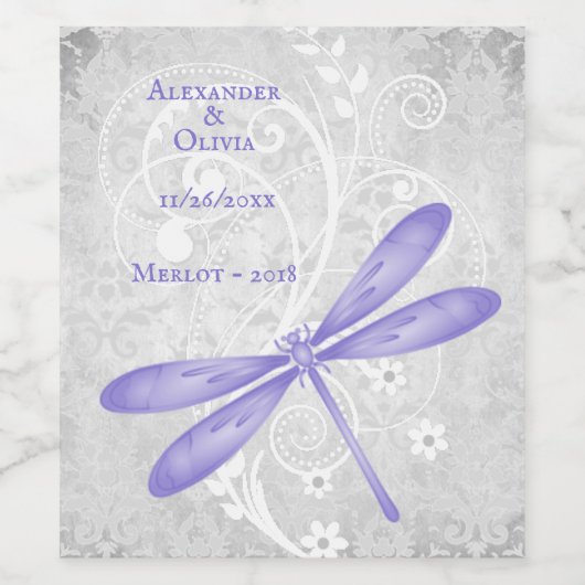 Paarse dragonfly-weddenschapswindenlabel wijn etiket (Enkel label)