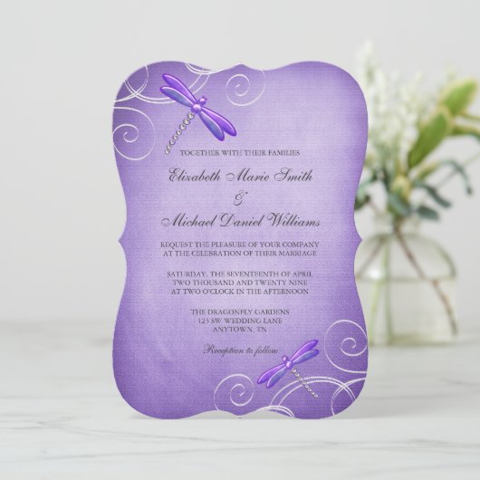 Paarse Dragonfly wervelt bruiloft Kaart (Staand voorkant)