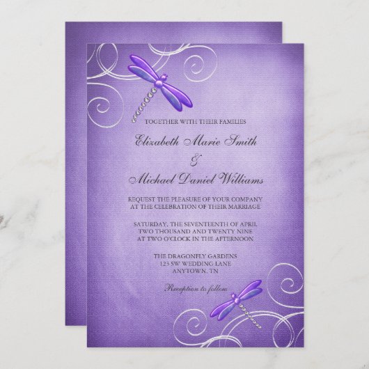 Paarse dragonfly zwemt weddenschappen uit kaart (Voorkant / Achterkant)