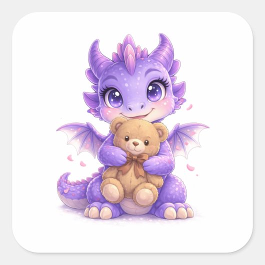 Paarse Draken Teddybeer Vierkante Sticker (Voorkant)