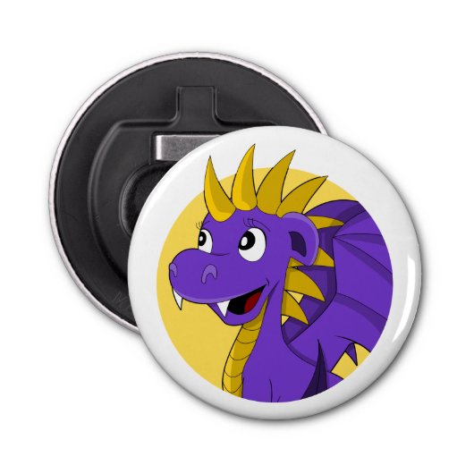 Paarse drakencartoon button flesopener (Voorkant)