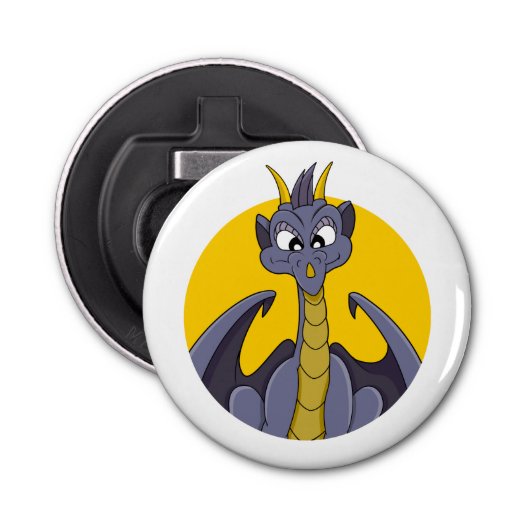 Paarse drakencartoon button flesopener (Voorkant)