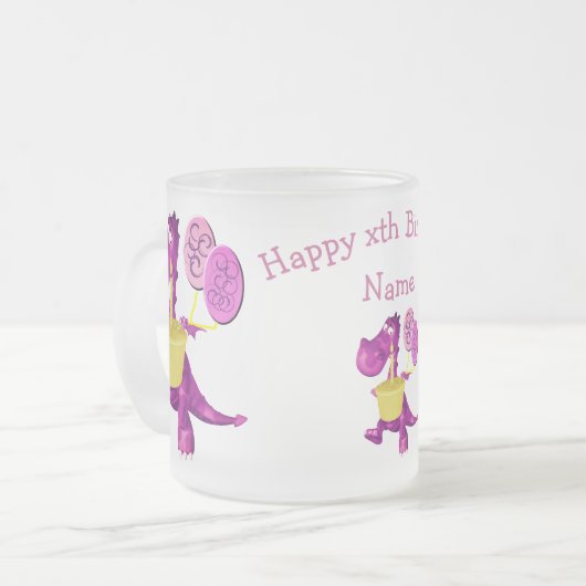 Paarse drakenkoek en ballonnen op maat matglas koffiemok (Voorkant links)