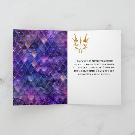 Paarse drakenschalen Gold Faux Glitter Birthday Bedankkaart (Binnen)
