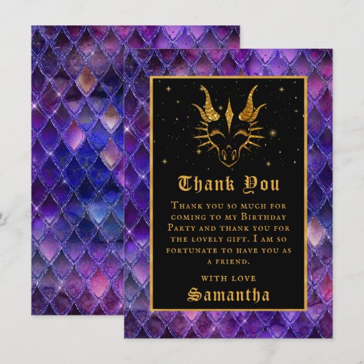 Paarse drakenschalen Gold Faux Glitter Birthday Bedankkaart (Voorkant / Achterkant)