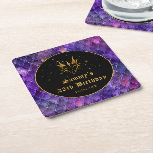 Paarse drakenschalen Gold Faux Glitter Birthday Kartonnen Onderzetters (Schuin)