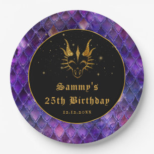 Paarse drakenschalen Gold Faux Glitter Birthday Papieren Bordje