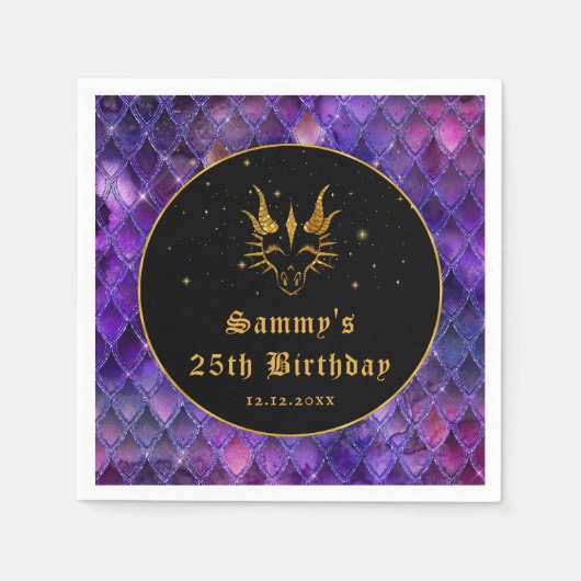Paarse drakenschalen Gold Faux Glitter Birthday Servet (Voorkant)