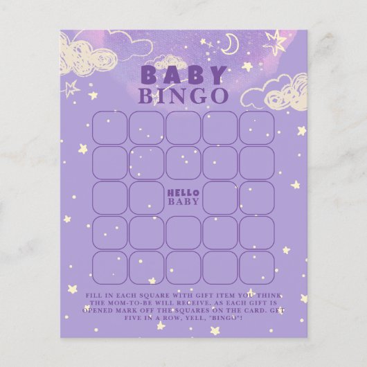 Paarse Dream Baby Bingo Baby shower Game (Voorkant)