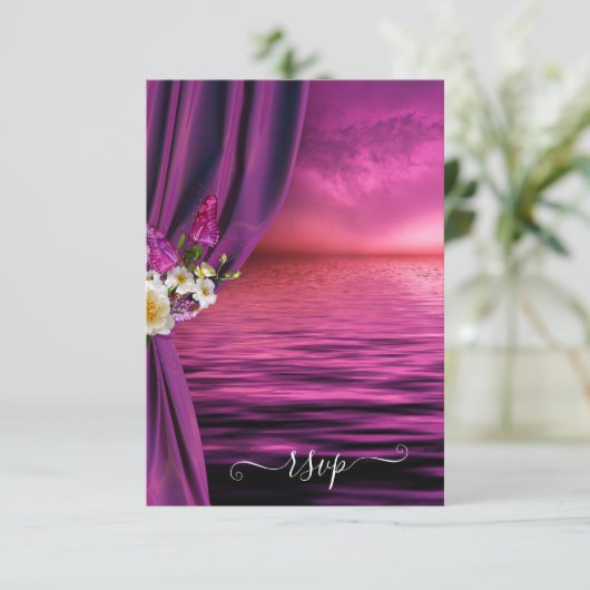 Paarse Dream Ocean Butterfly Wedding RSVP Kaart (Staand voorkant)