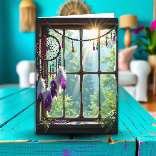 Paarse Dreamcatcher in venster Verjaardag Kaart