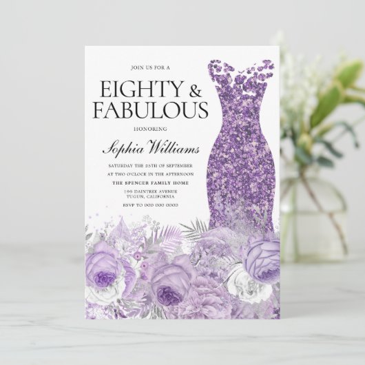 Paarse Dress Floral 80 Fabulous 80th Birthday Kaart (Staand voorkant)