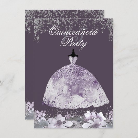 Paarse dress Glitter Dress Quinceanera nodigt u ui Kaart (Voorkant / Achterkant)