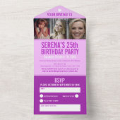 Paarse drie aangepaste foto's 25e verjaardagsfeest all in one uitnodiging (Binnen)