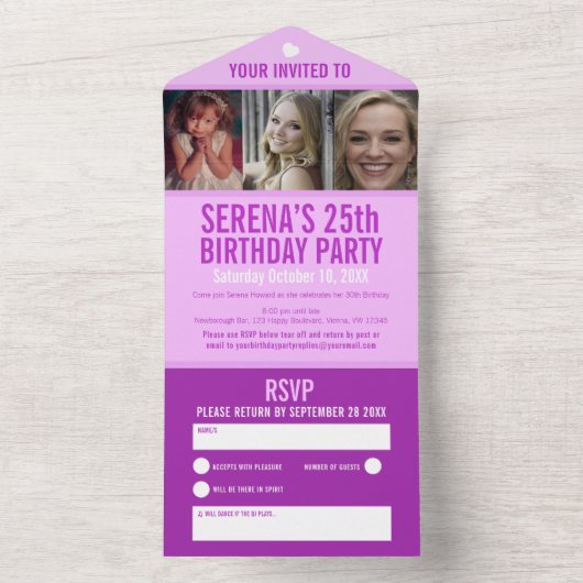 Paarse drie aangepaste foto's 25e verjaardagsfeest all in one uitnodiging (Binnen)