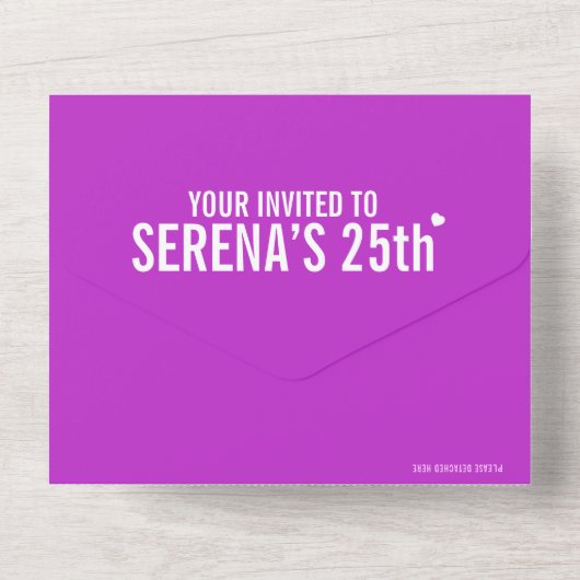 Paarse drie aangepaste foto's 25e verjaardagsfeest all in one uitnodiging (Achterkant)