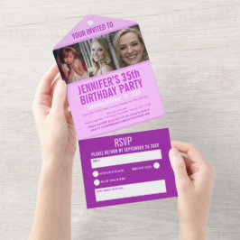 Paarse drie aangepaste foto's 35e verjaardagsfeest all in one uitnodiging