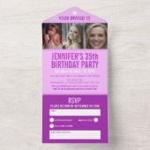 Paarse drie aangepaste foto's 35e verjaardagsfeest all in one uitnodiging (Binnen)