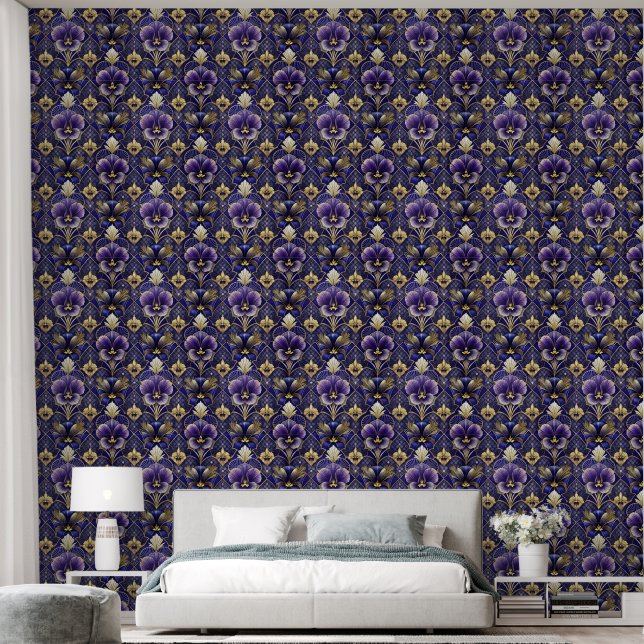 Paarse driekleur, art deco stijl behang (Slaapkamer)