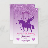 Paarse drift Glitter/Paarse Unicorn Birthday Kaart (Voorkant / Achterkant)
