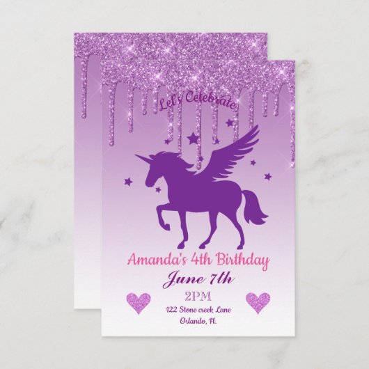 Paarse drift Glitter/Paarse Unicorn Birthday Kaart (Voorkant / Achterkant)