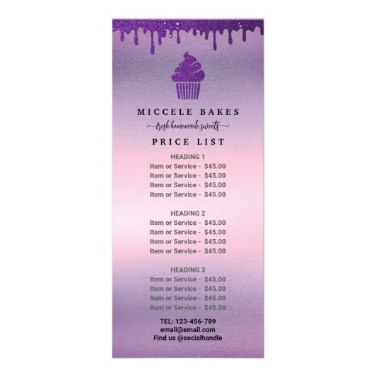 Paarse Drip Bakery Service Prijs Reclamekaart (Voorkant)