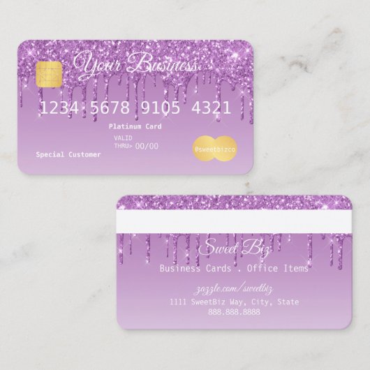Paarse Drip Glitter-look-creditcard Visitekaartje (Voorkant / Achterkant)