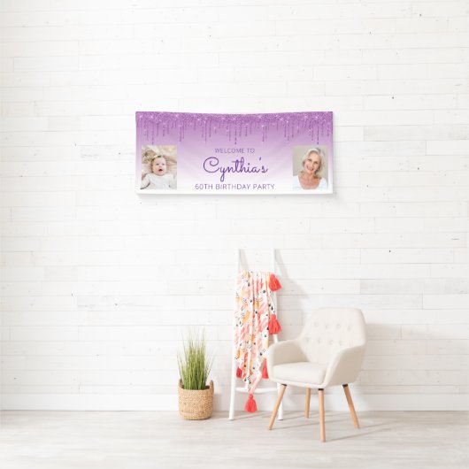 Paarse dripingelen Glitter Twee Foto 60e verjaarda Spandoek (Insitu)
