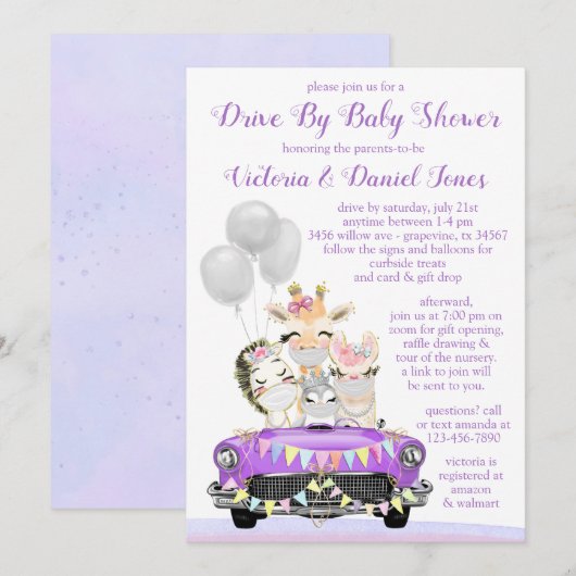 Paarse Drive Door Baby shower Leuke Dieren In Auto Kaart (Voorkant / Achterkant)