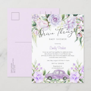 Paarse Drive-Through Waterverf Bloemenkraamfeest v Uitnodiging Briefkaart