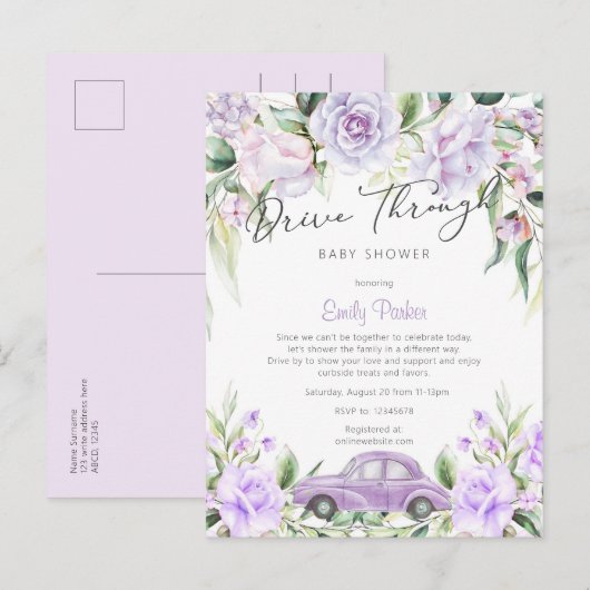 Paarse Drive-Through Waterverf Bloemenkraamfeest v Uitnodiging Briefkaart (Voorkant / Achterkant)