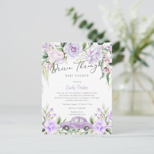 Paarse Drive-Through Waterverf Bloemenkraamfeest v Uitnodiging Briefkaart (Staand voorkant)