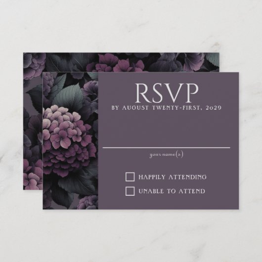 Paarse droevige bloemen RSVP kaartje (Voorkant / Achterkant)
