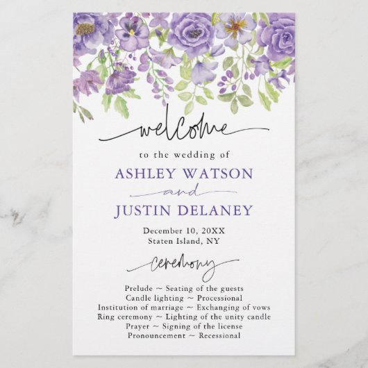 Paarse dromen stijlvol floral Wedding Program (Voorkant)