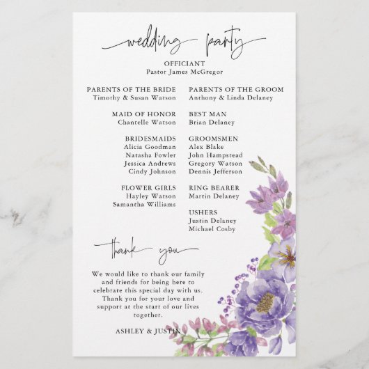 Paarse dromen stijlvol floral Wedding Program (Achterkant)