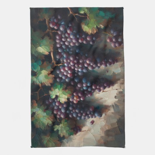 Paarse druiven op de wijnstok olieverfschilderij theedoek (Verticaal)