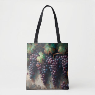 Paarse druiven op de wijnstok olieverfschilderij tote bag